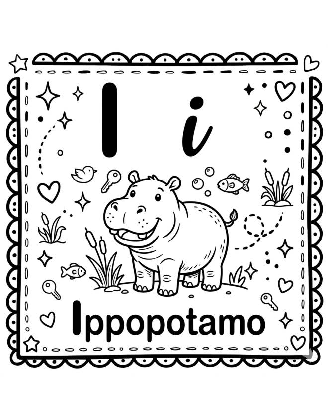 disegno di Lettera I di Ippopotamo Alfabeto Illustrato  da colorare