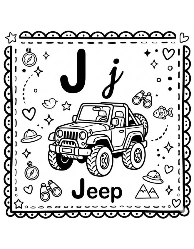 disegno di Lettera J di Jeep Alfabeto Illustrato  da colorare