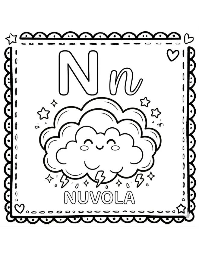 disegno di Lettera N di Nuvola Alfabeto Illustrato  da colorare