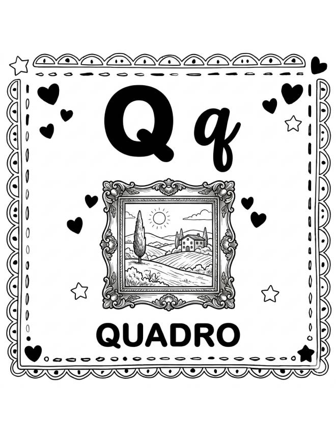 disegno di Lettera Q di Quadro Alfabeto Illustrato  da colorare