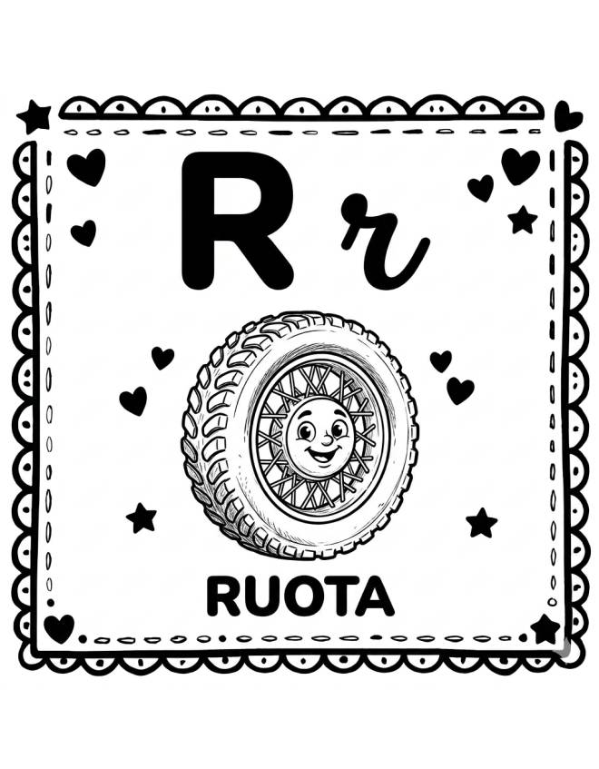 disegno di Lettera R di Ruota Alfabeto Illustrato  da colorare
