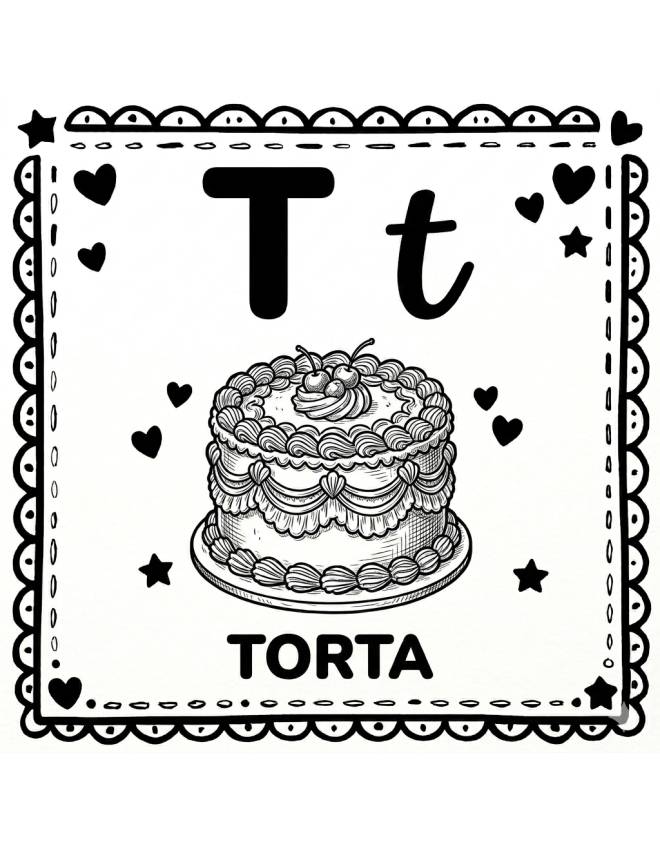 disegno di Lettera T di Torta Alfabeto Illustrato  da colorare
