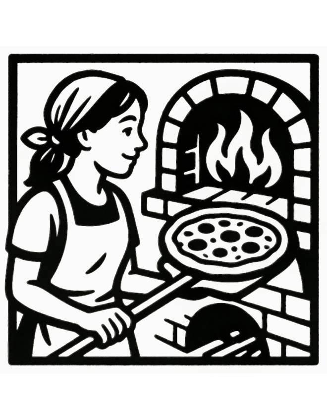 disegno di Pizzaiola che inforna Pizza da colorare