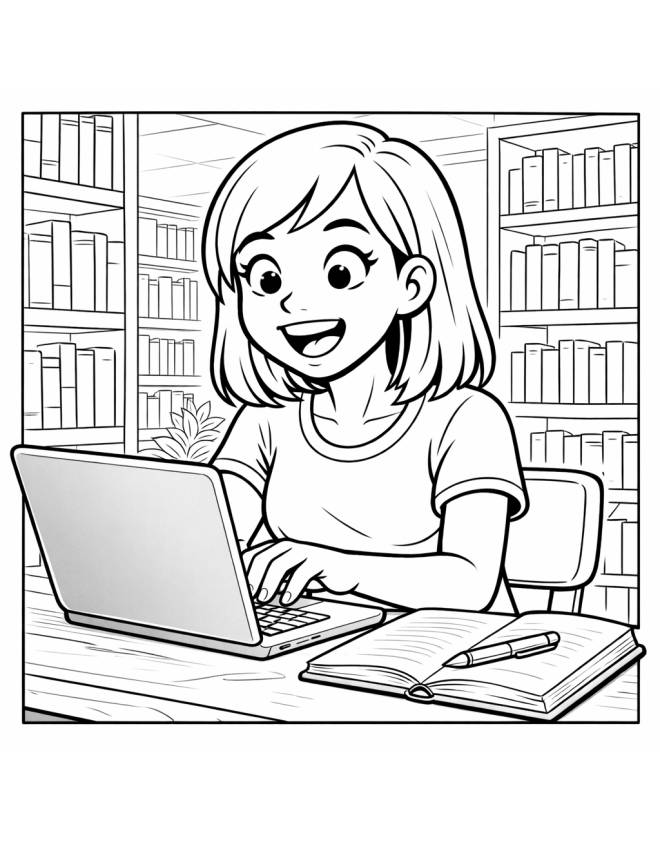 disegno di Ragazza in Biblioteca che Studia da colorare