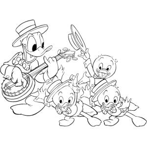 Disegno di Qui Quo Qua e Paperino con Chitarra da colorare