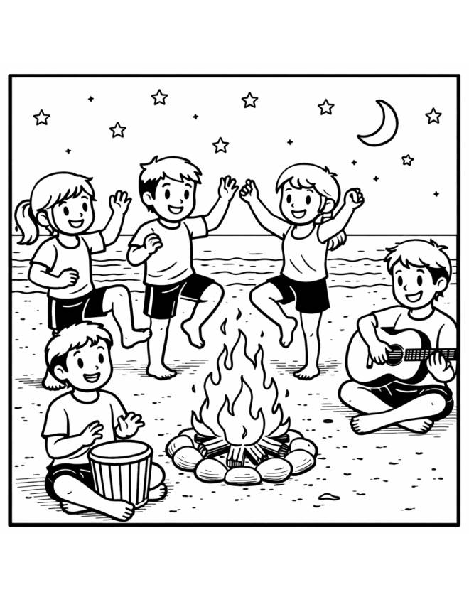disegno di Ragazzi Ballano Attorno Al Fuoco da colorare