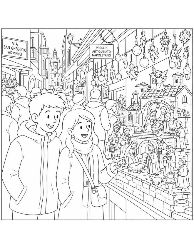 disegno di Presepi in Via San Gregorio Armeno a Napoli  da colorare