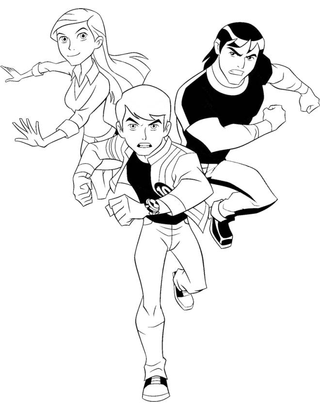 disegno di Ben 10 con Gwen e Kevin da colorare