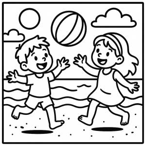 Disegno di Bambini che Giocano con la Palla in Spiaggia da colorare