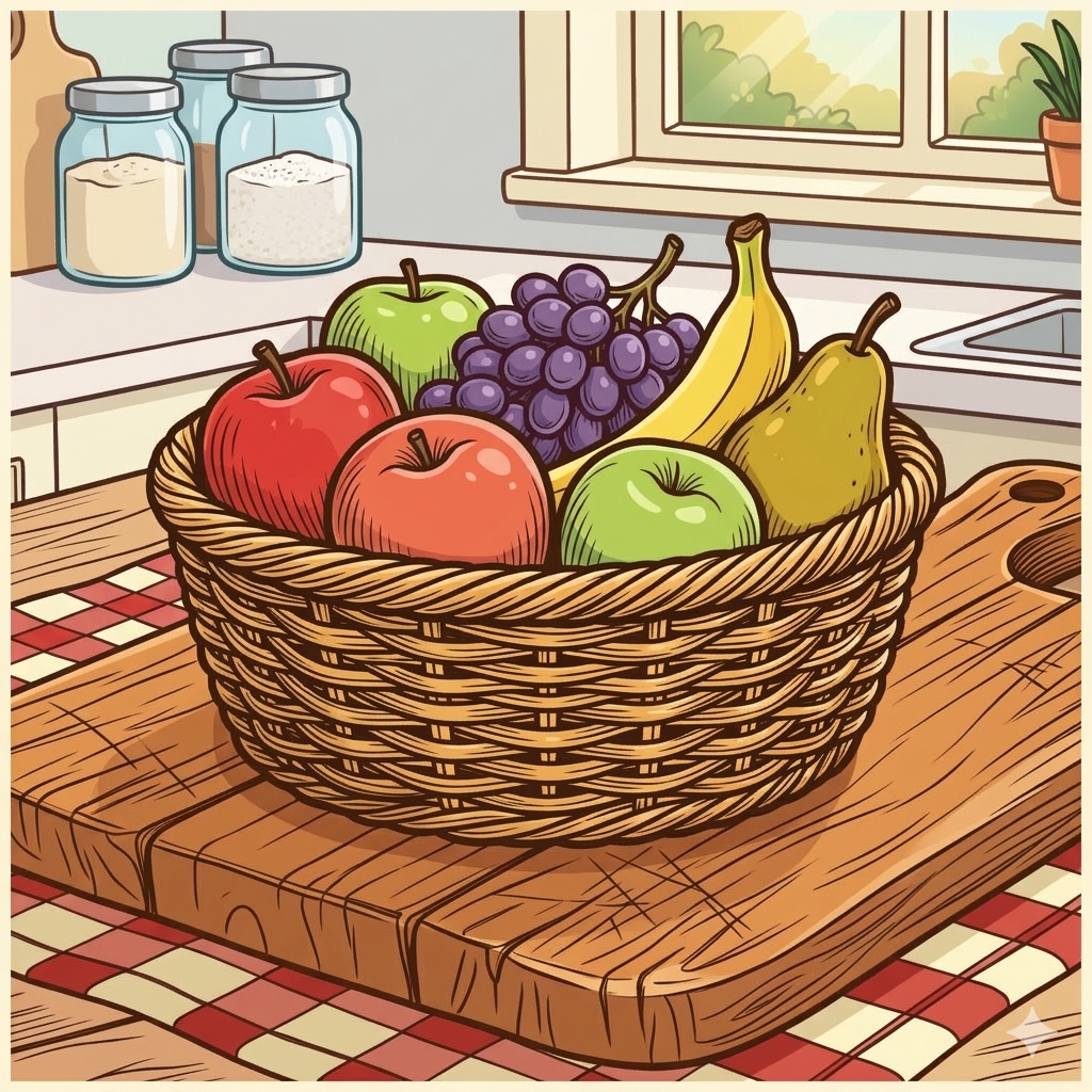 disegno di Cesto di Frutta sulla Tavola  a colori