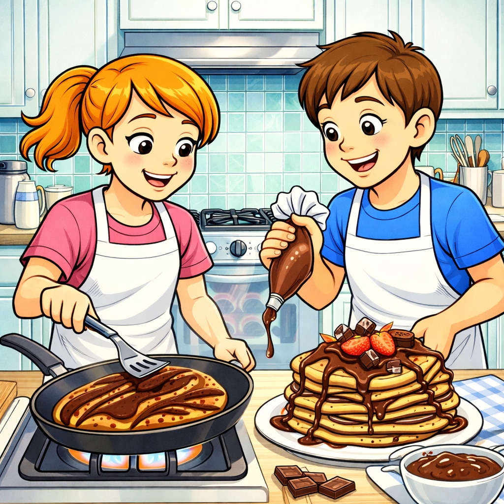 disegno di Coppia che Cucina dei Pancake a colori