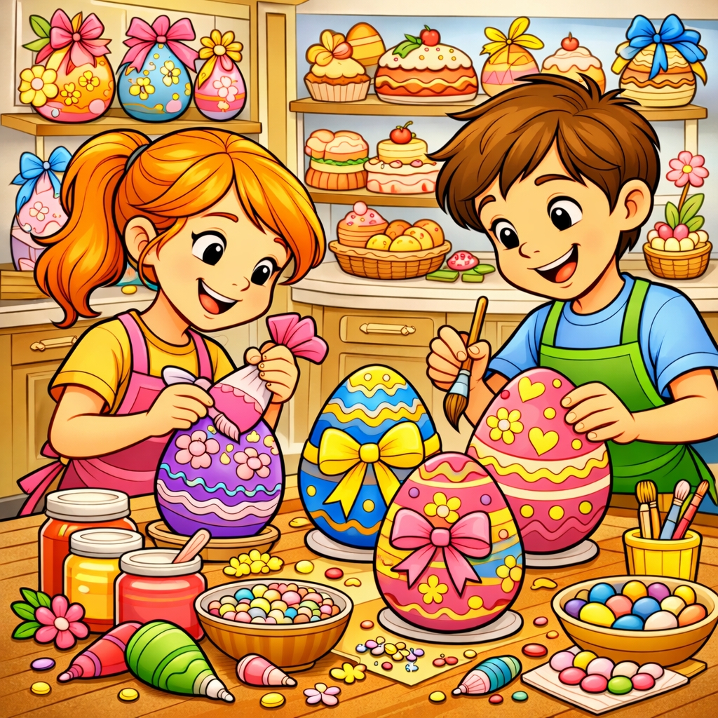 disegno di Bambini che Decorano Uova Pasquali a colori
