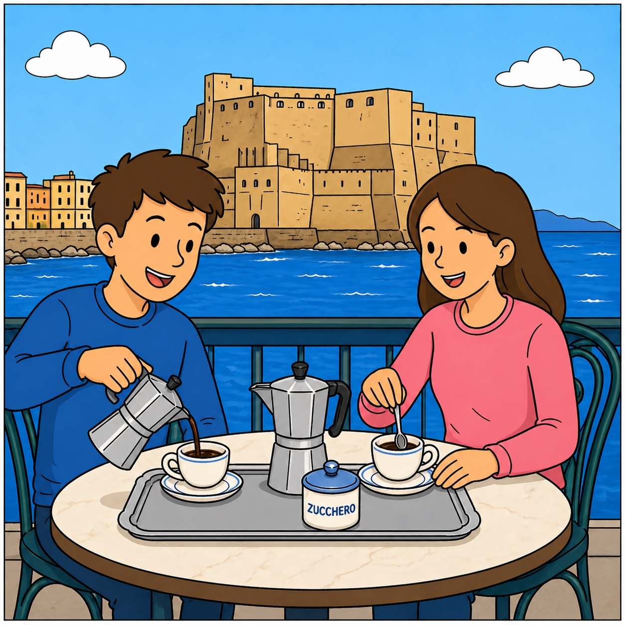 disegno di Coppia Beve Caffè a Napoli a colori