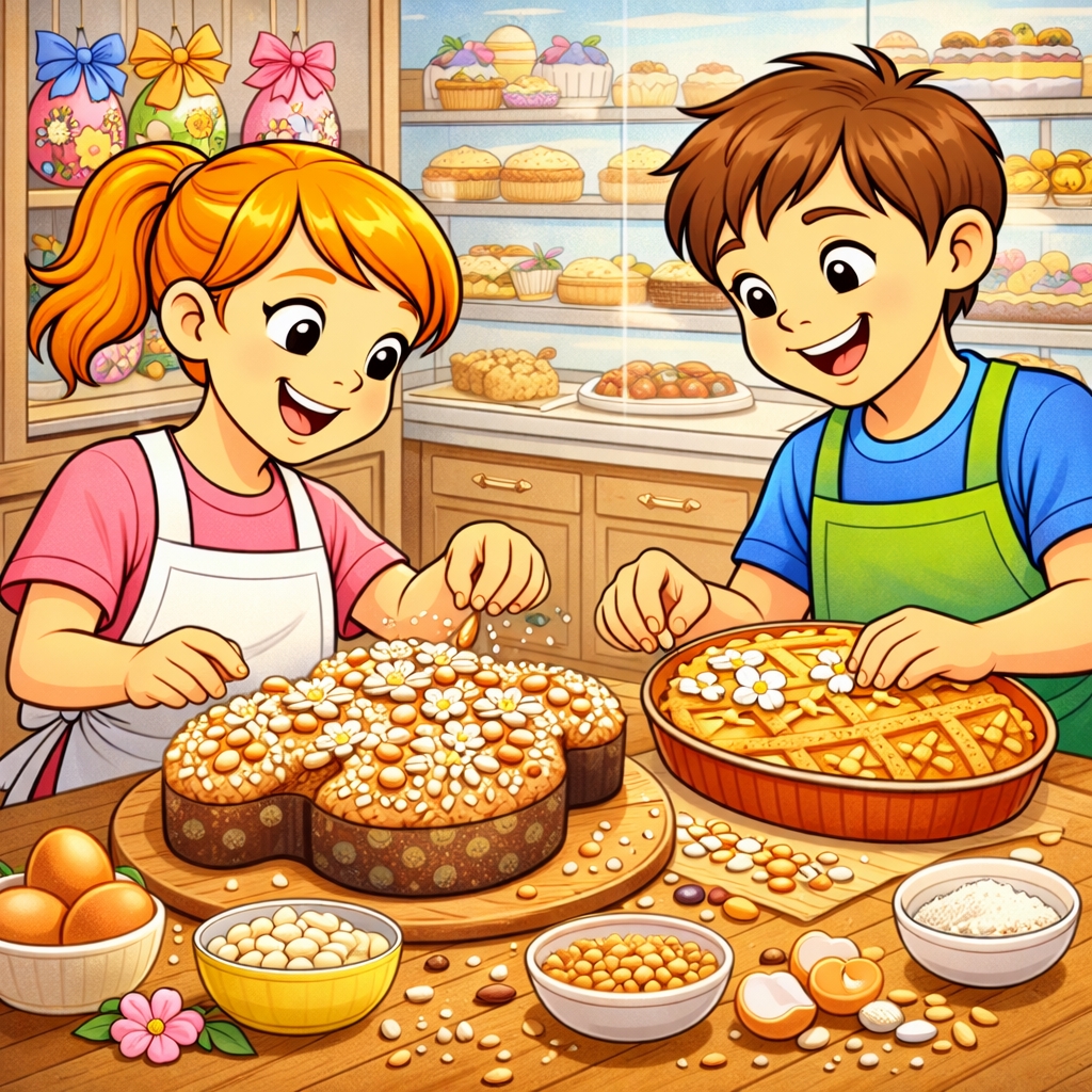 disegno di Bambini Decorano Dolci Pasquali a colori