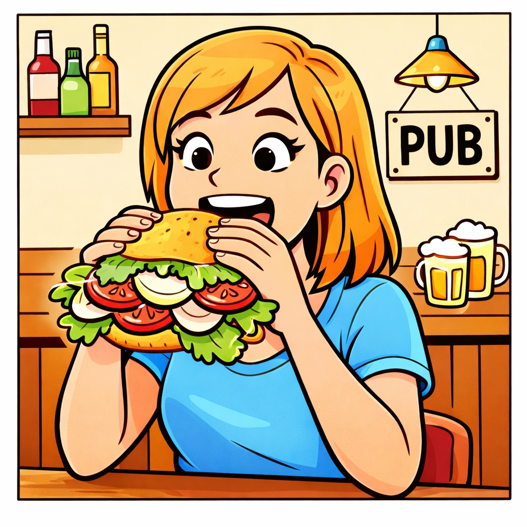 disegno di Ragazza al Pub che Mangia un Panino a colori