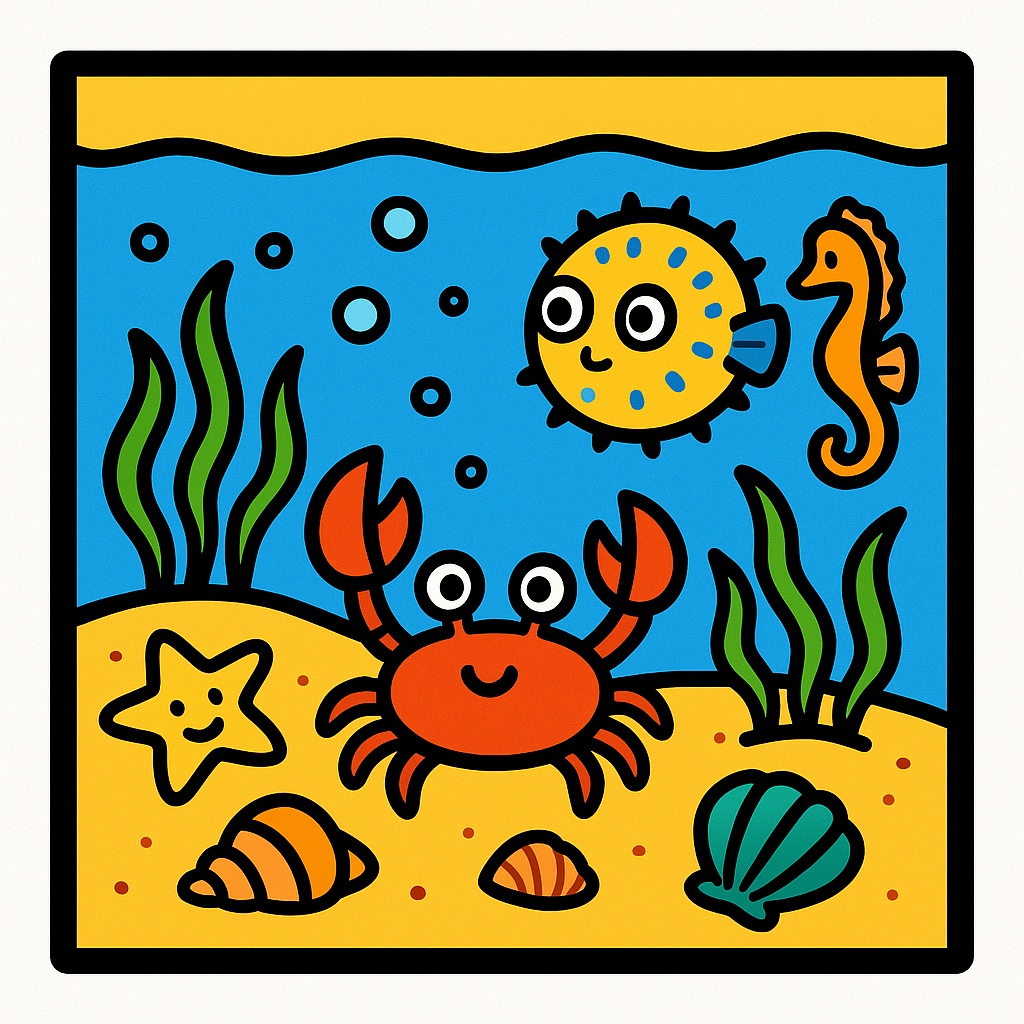disegno di Acquario con Granchio, Cavalluccio marino, Conchiglie a colori
