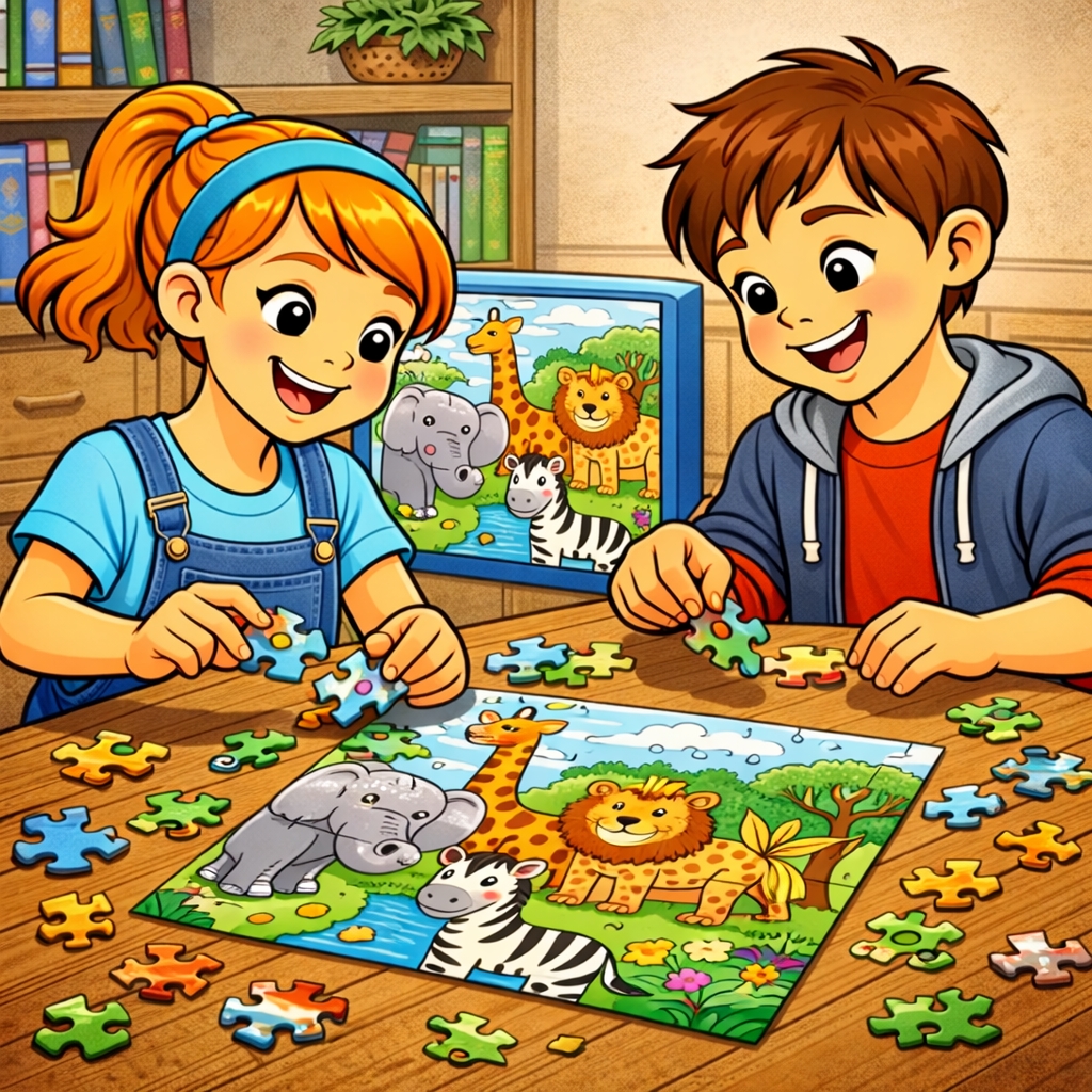 disegno di Coppia che fa Puzzle di Animali a colori