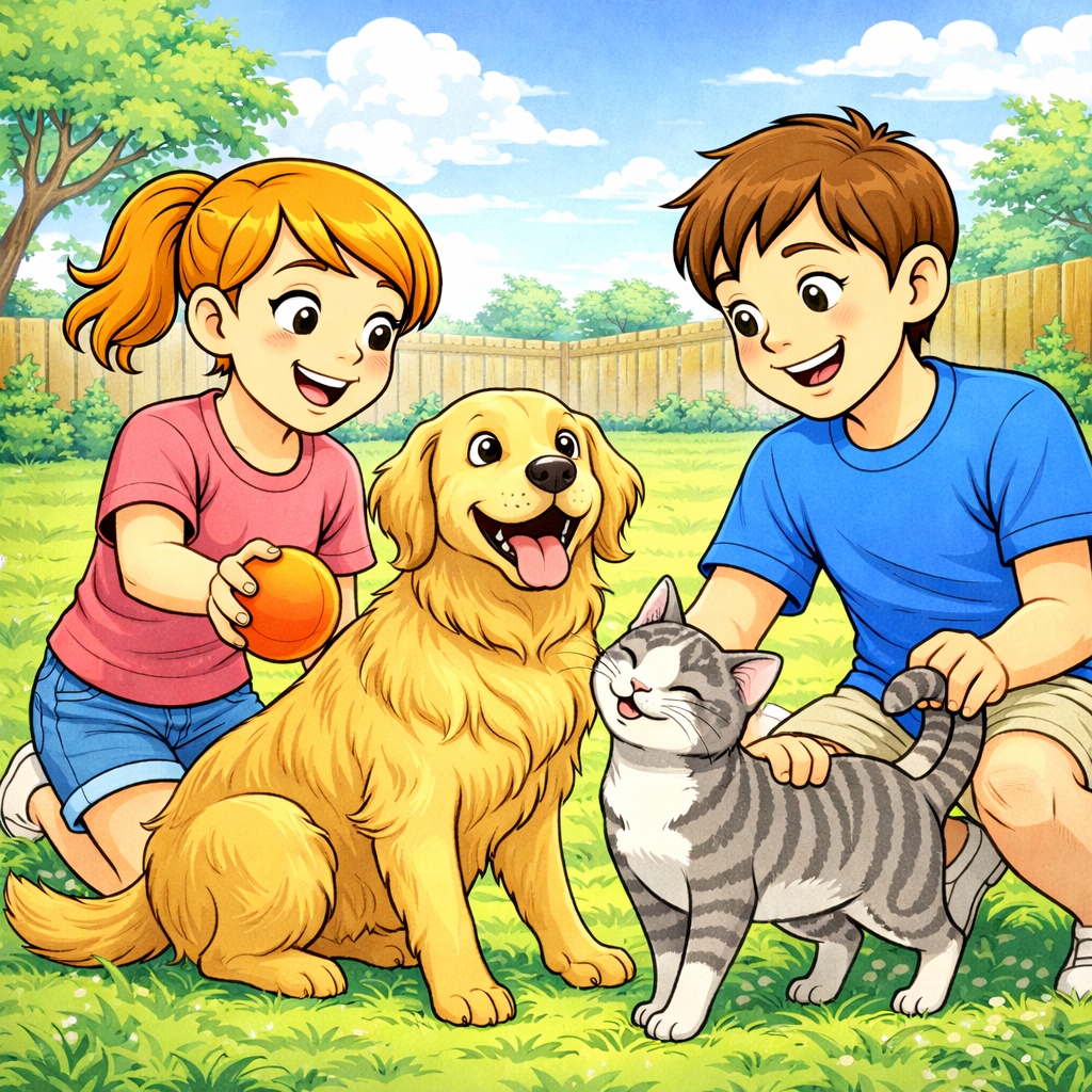 disegno di Coppia che Gioca con Cane e Gatto  a colori