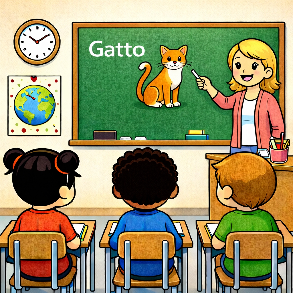 disegno di Insegnante che spiega la Parola Gatto a colori