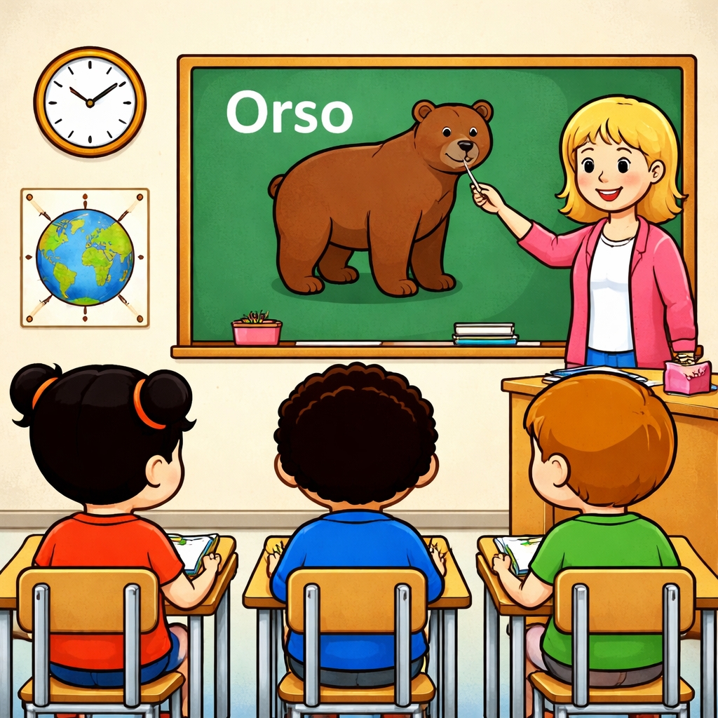 disegno di Insegnante che spiega la Parola Orso a colori