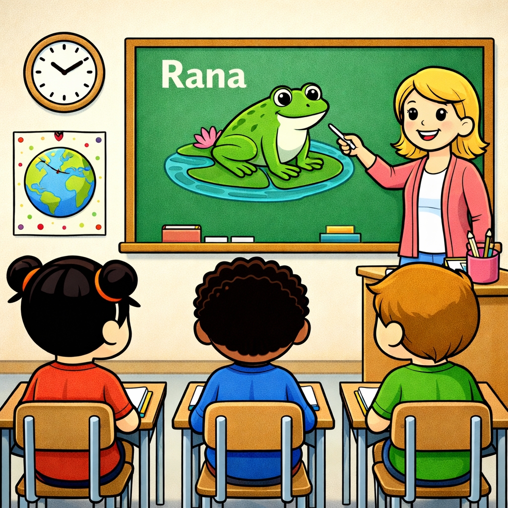 disegno di Insegnante che spiega la Parola Rana  a colori