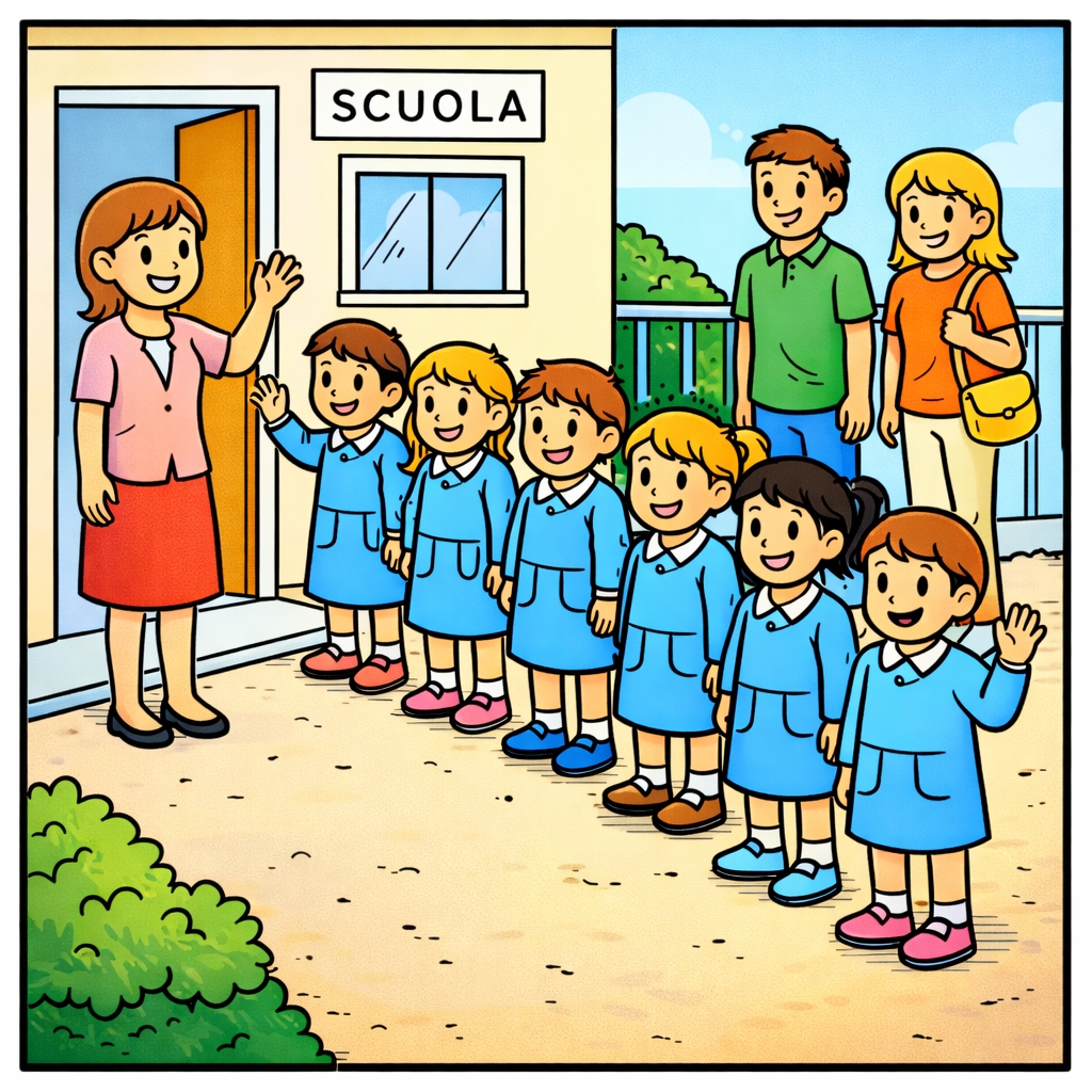 disegno di Maestra Accoglie Bambini A Scuola a colori