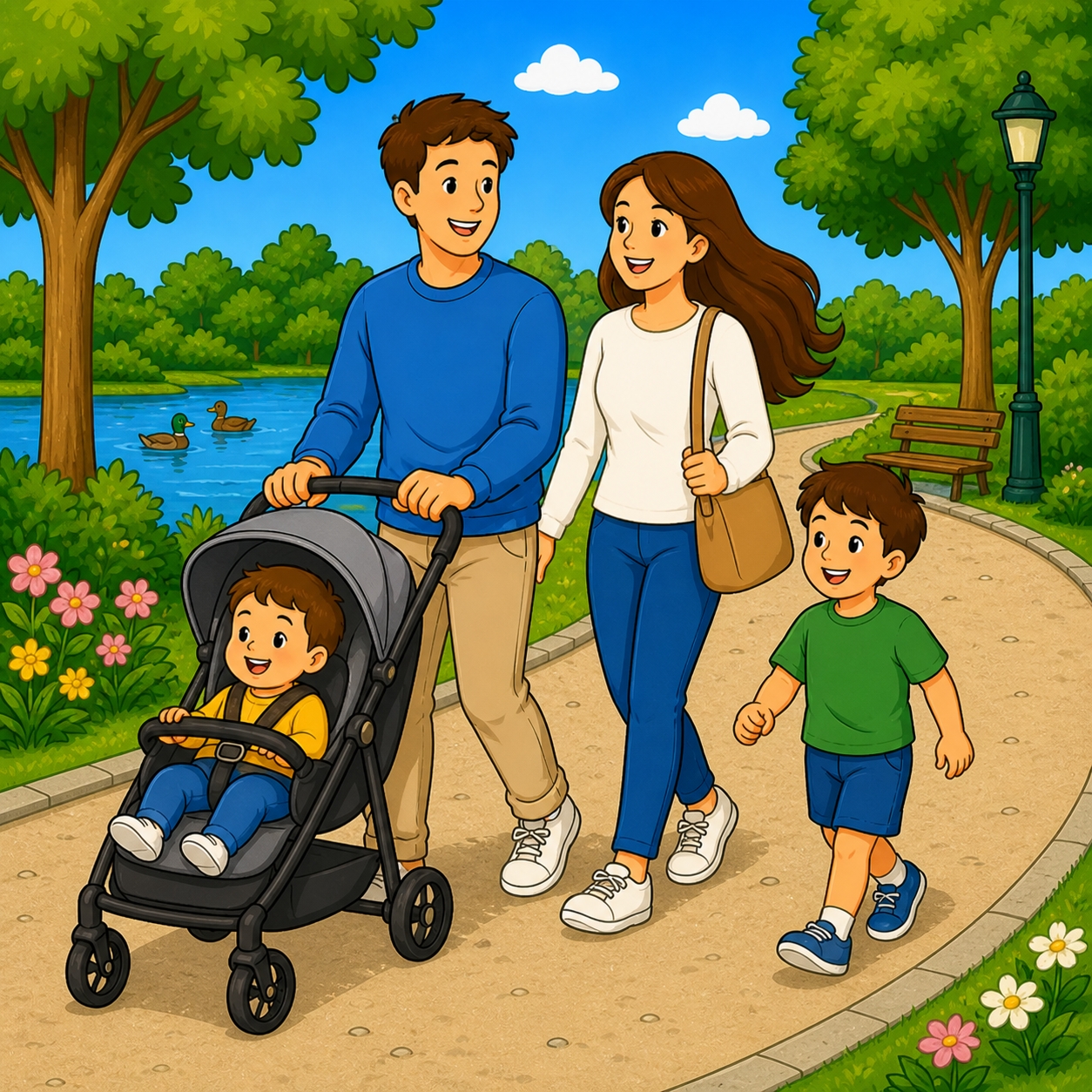 disegno di Famiglia al Parco con Passeggino  a colori