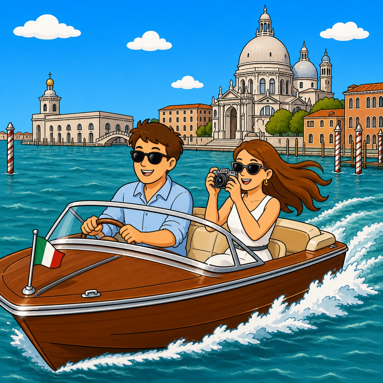 disegno di In motoscafo nella Laguna di Venezia a colori