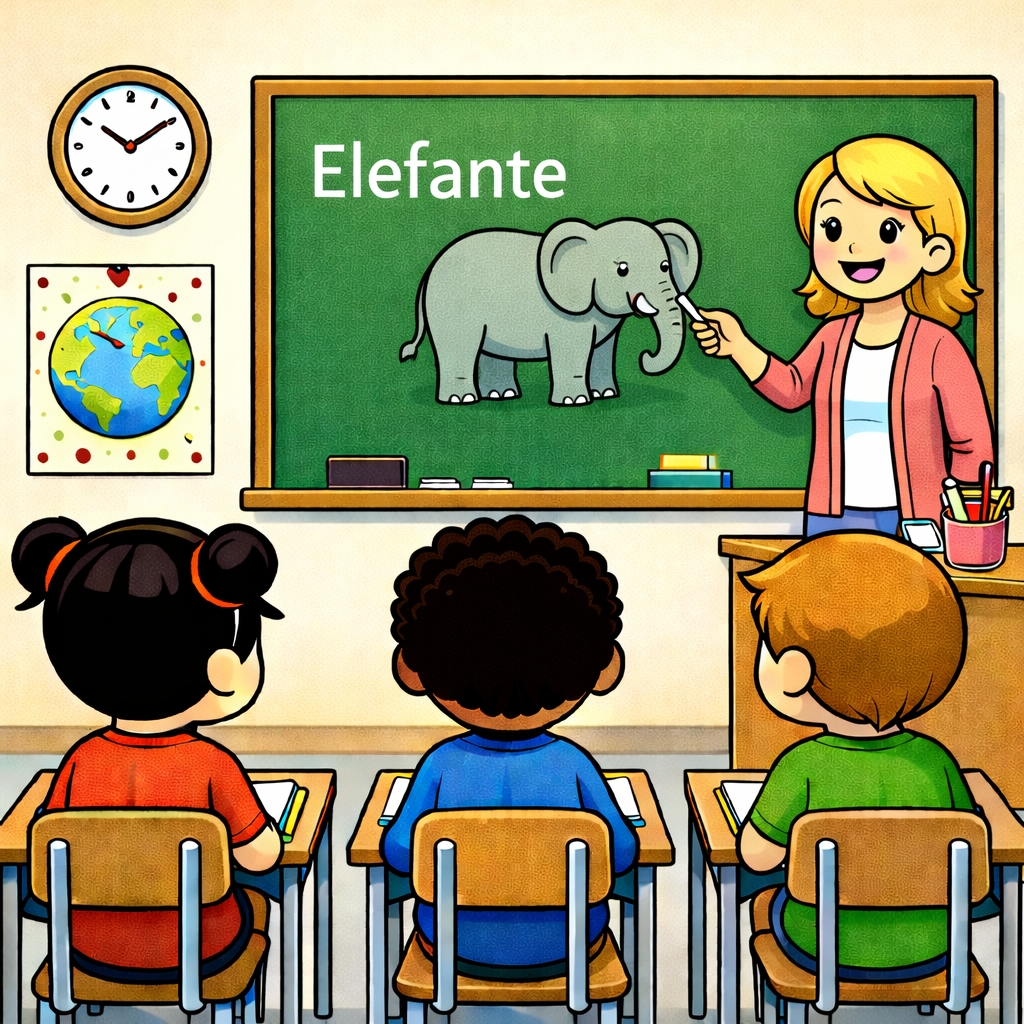 disegno di Insegnante che spiega la Parola Elefante  a colori