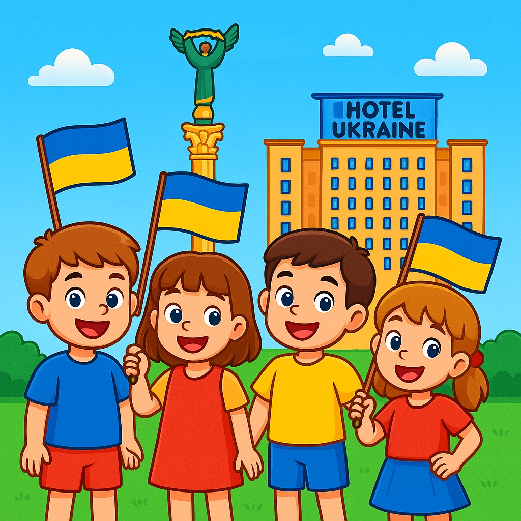 disegno di Bambini a Kiev con Bandiera Ucraina  a colori