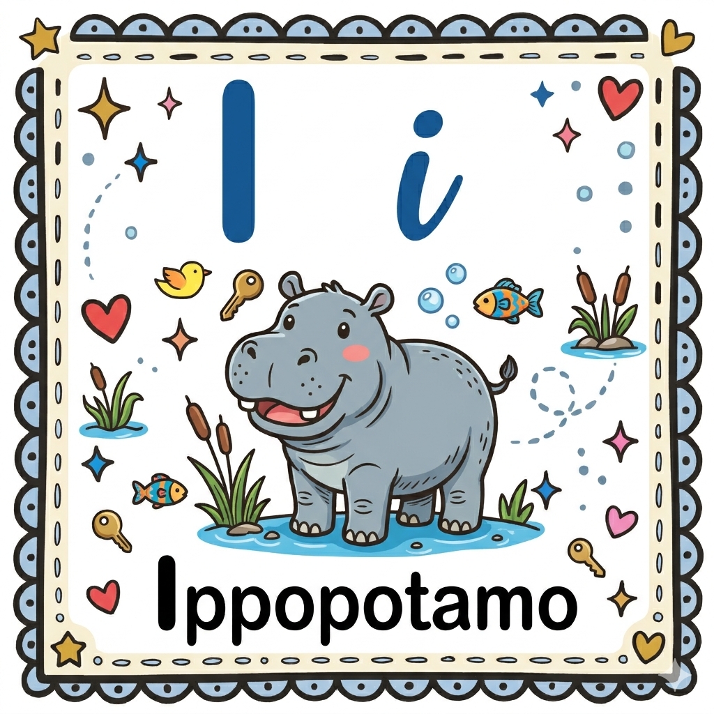 disegno di Lettera I di Ippopotamo Alfabeto Illustrato  a colori