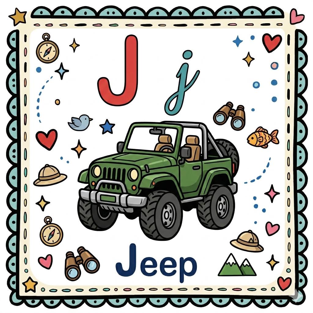 disegno di Lettera J di Jeep Alfabeto Illustrato  a colori