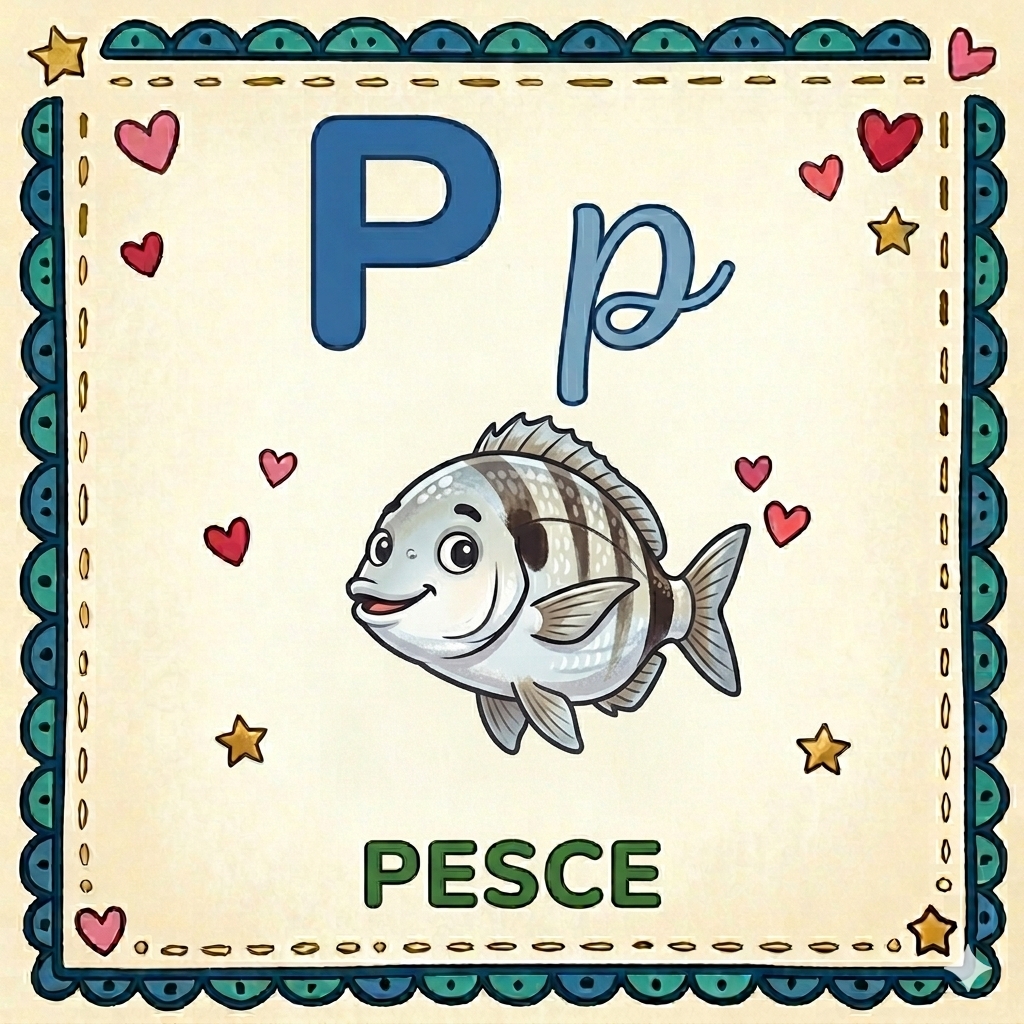 disegno di Lettera P di Pesce Alfabeto Illustrato  a colori