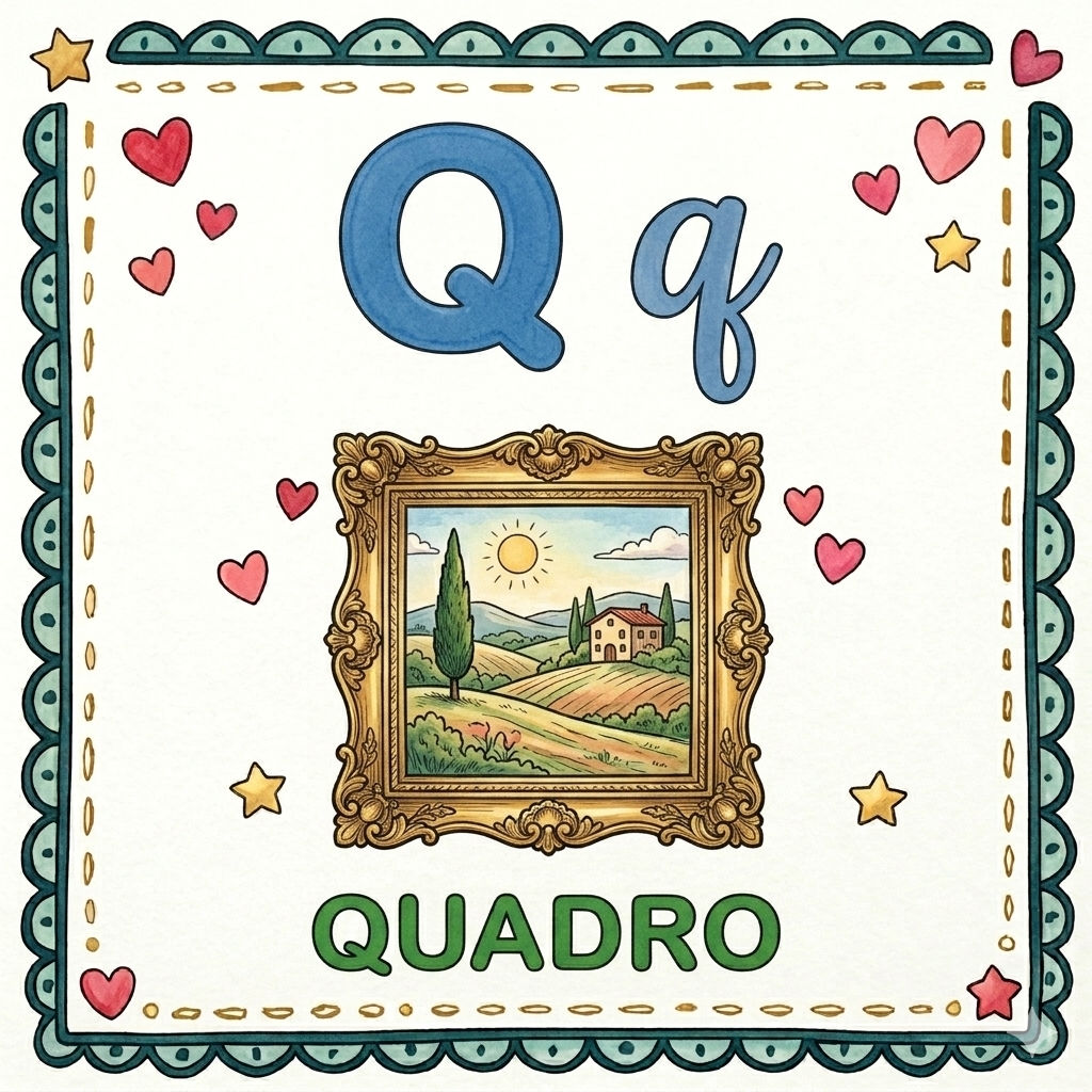 disegno di Lettera Q di Quadro Alfabeto Illustrato  a colori