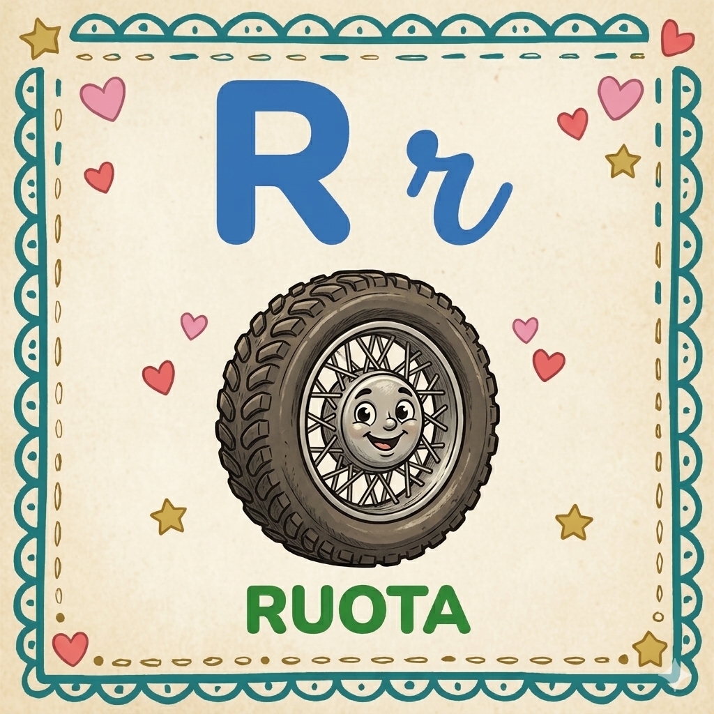 disegno di Lettera R di Ruota Alfabeto Illustrato  a colori