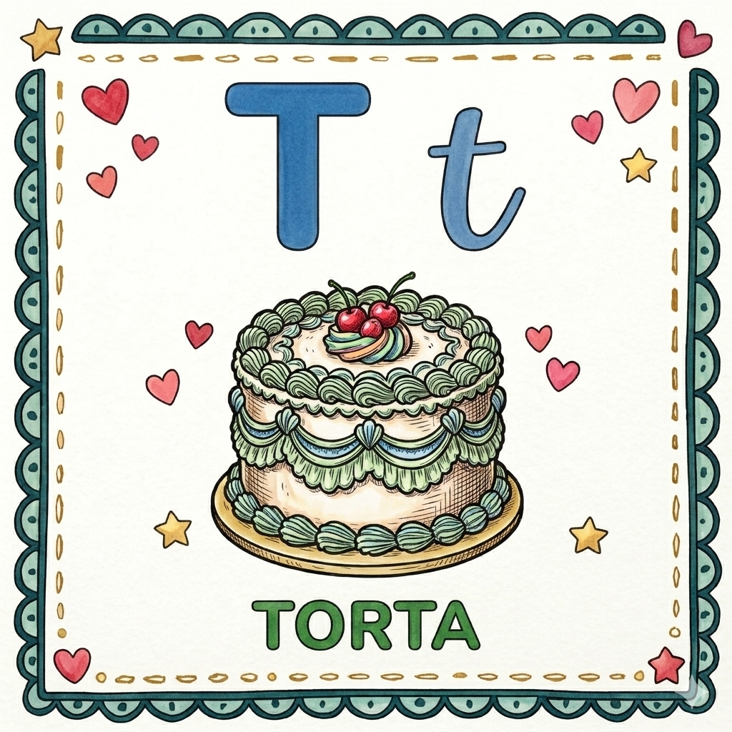 disegno di Lettera T di Torta Alfabeto Illustrato  a colori
