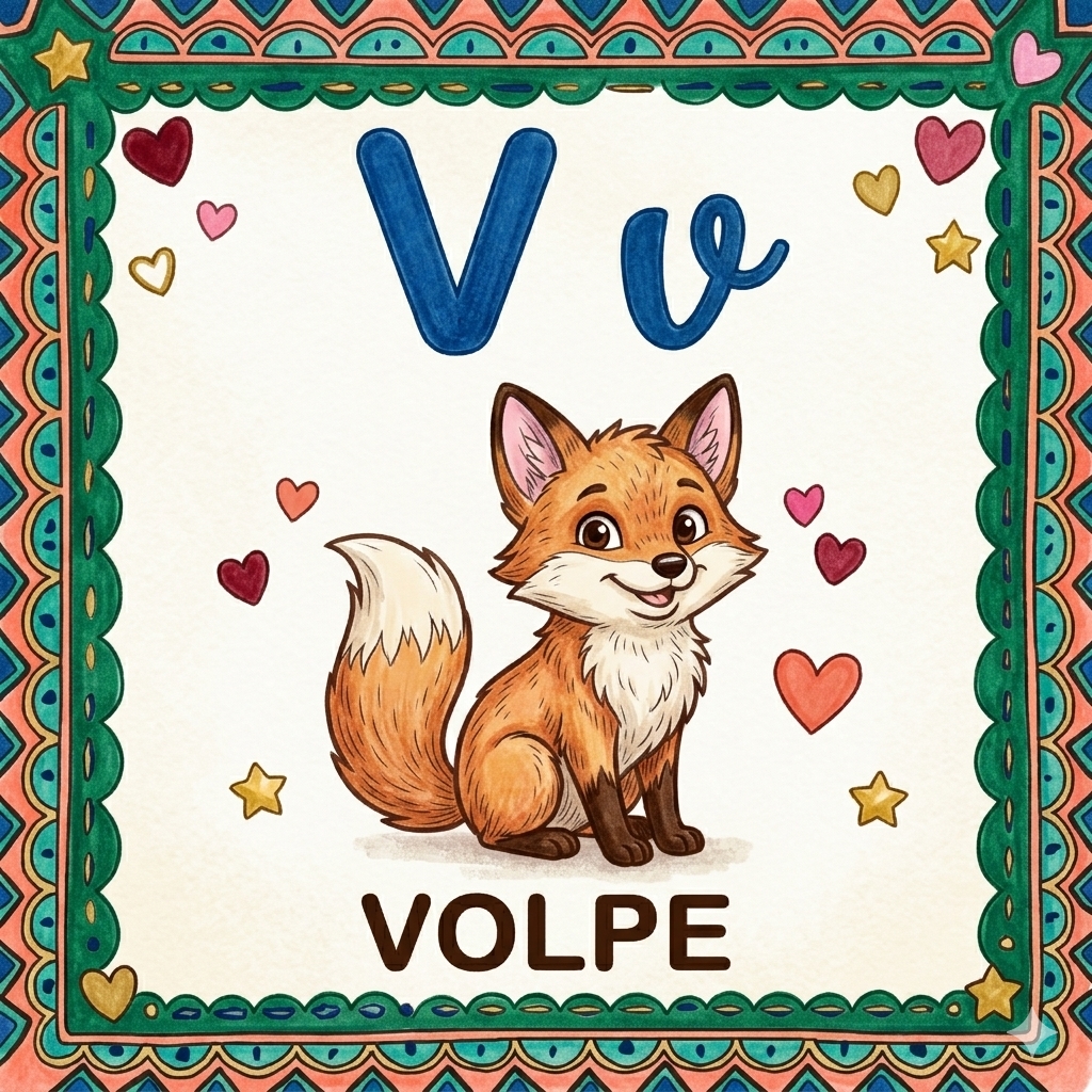 disegno di Lettera V di Volpe Alfabeto Illustrato  a colori