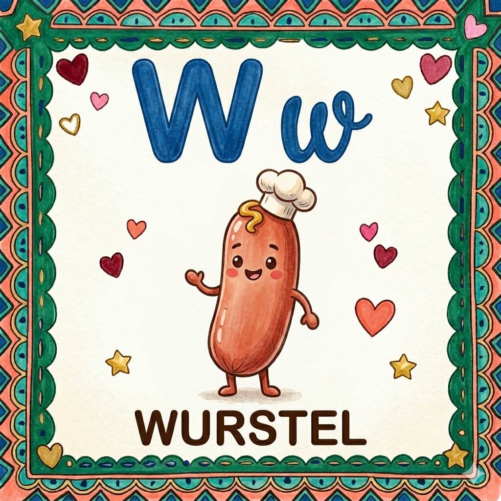disegno di Lettera W di Wurstel Alfabeto Illustrato  a colori