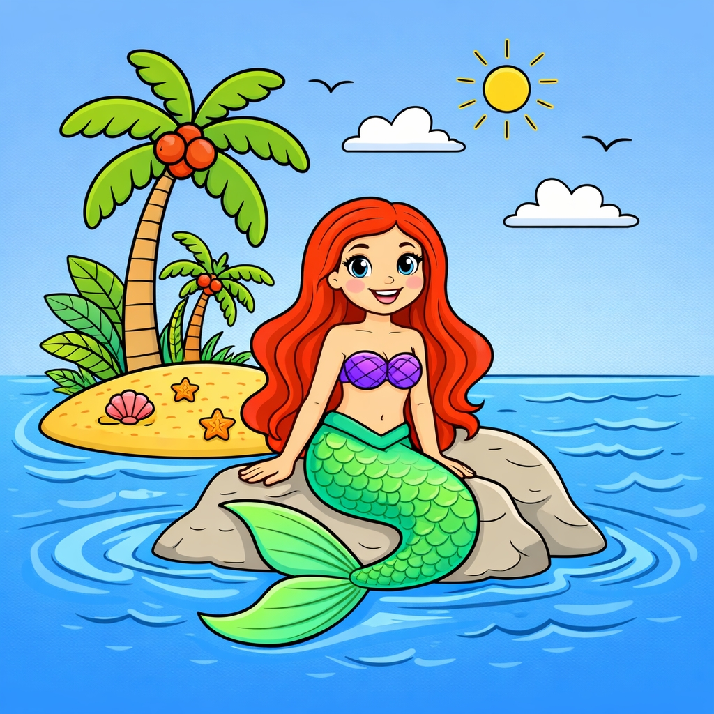 disegno di Sirena su Isola Deserta a colori