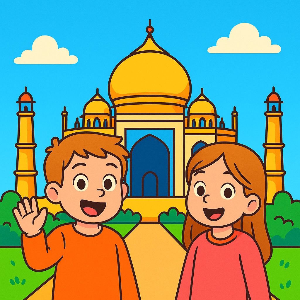 disegno di Bambini in Viaggio al Taj Mahal in India a colori