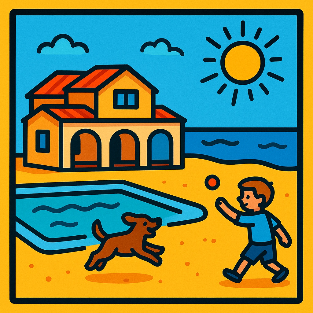 disegno di Villa al Mare con Piscina con Bimbo e Cane a colori