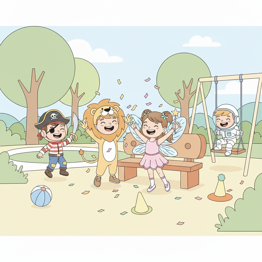 disegno di Bambini con vestiti di Carnevale al Parco a colori