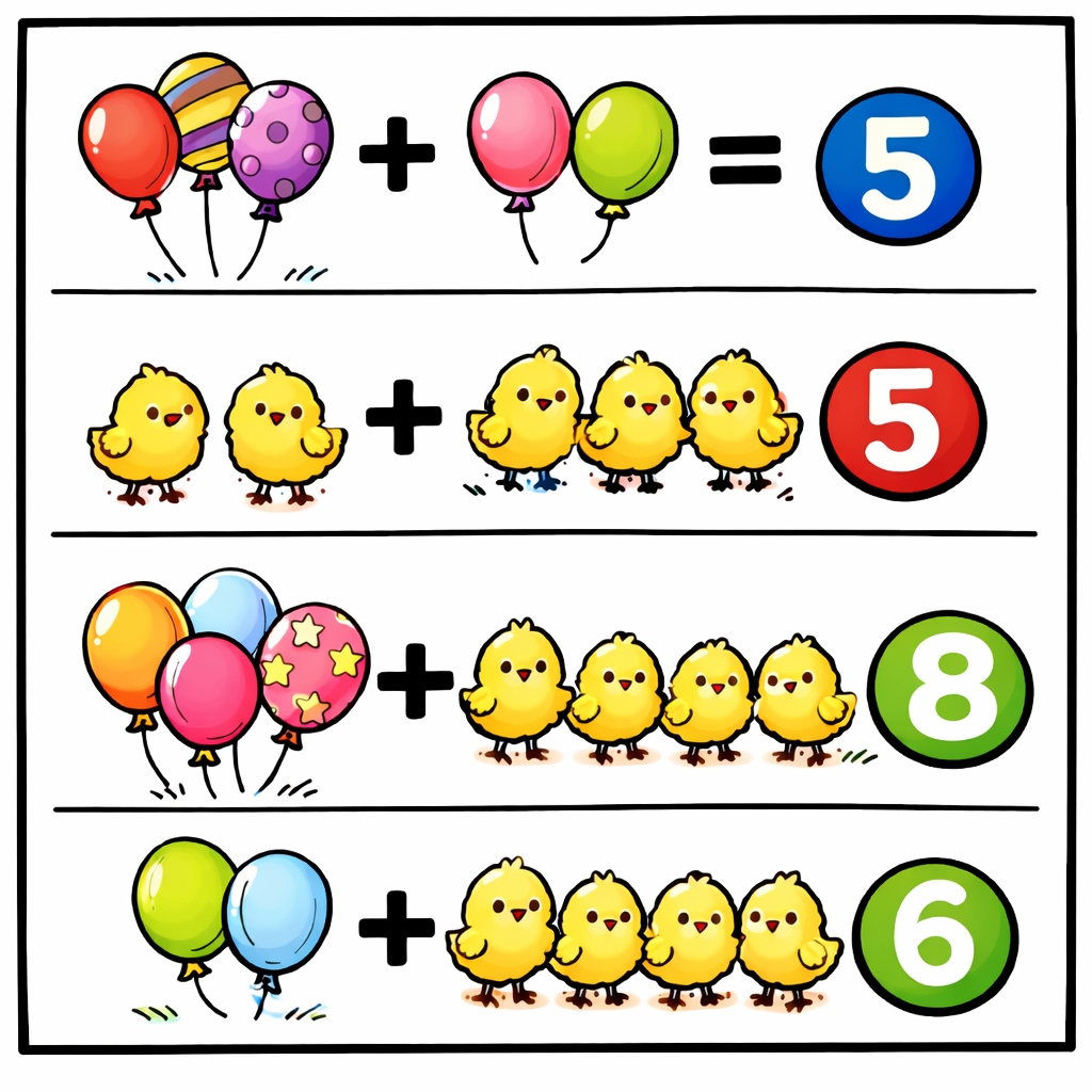 disegno di Addizioni con Palloncini e Pulcini a colori
