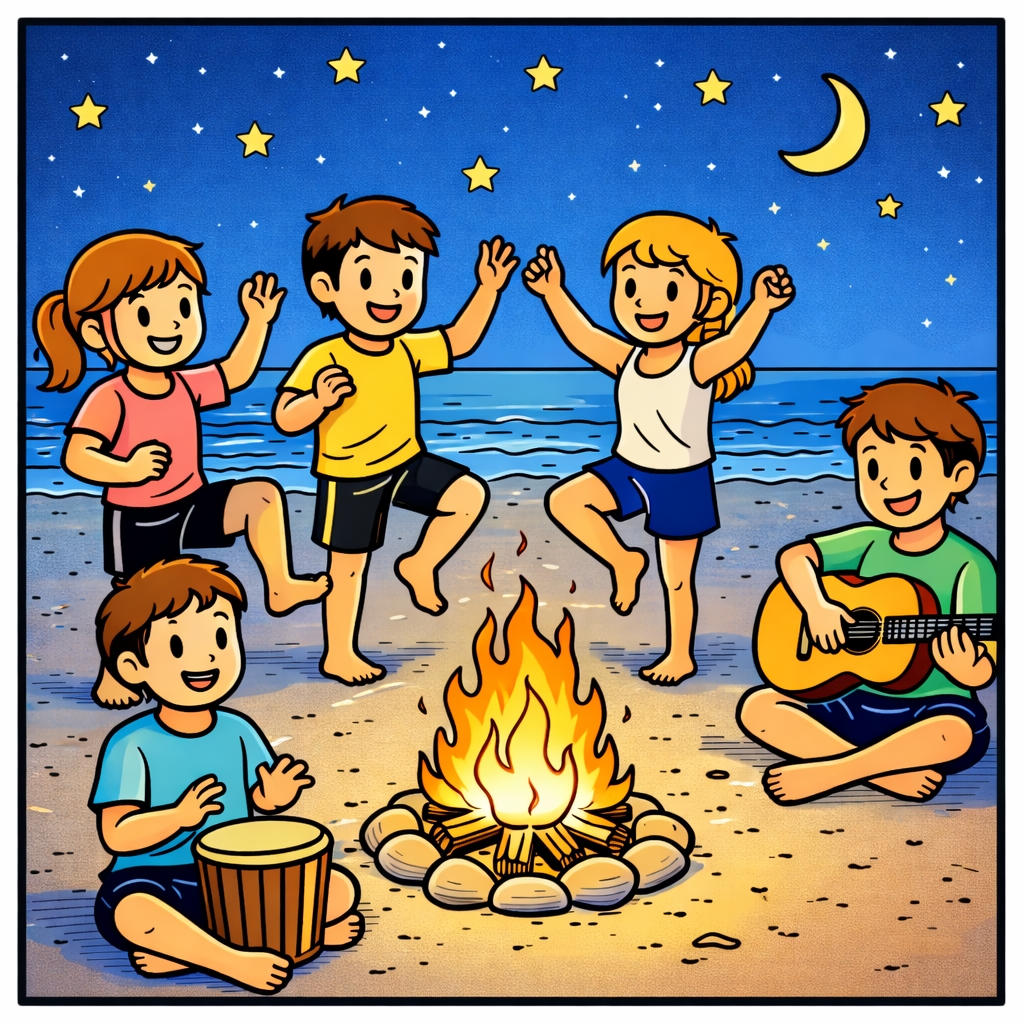 disegno di Ragazzi Ballano Attorno al Fuoco a colori