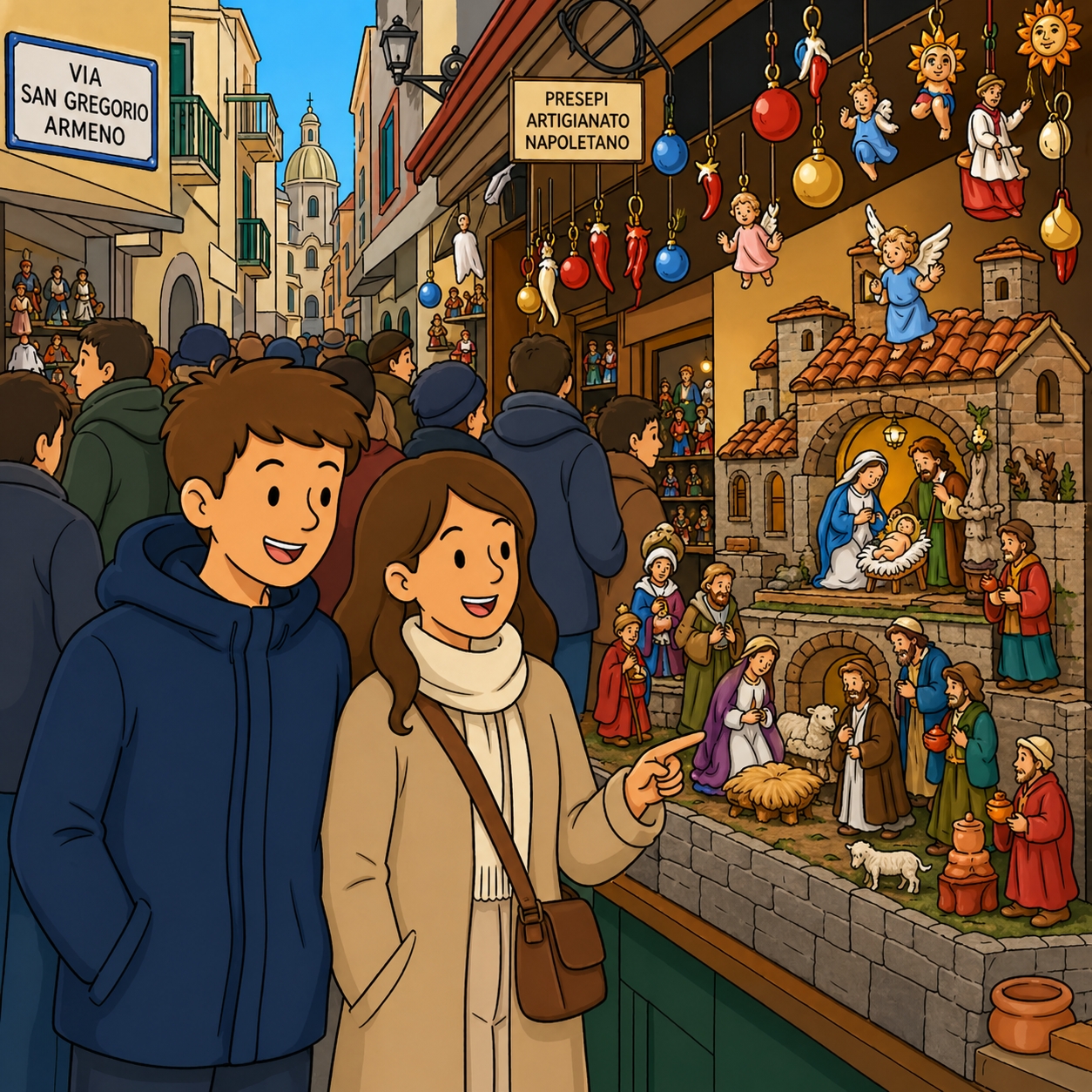 disegno di Presepi in Via San Gregorio Armeno a Napoli  a colori