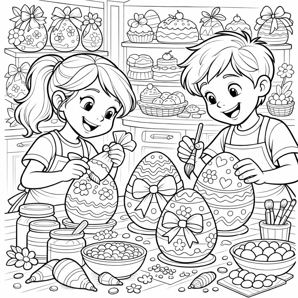 disegno di Bambini che Decorano Uova Pasquali da colorare