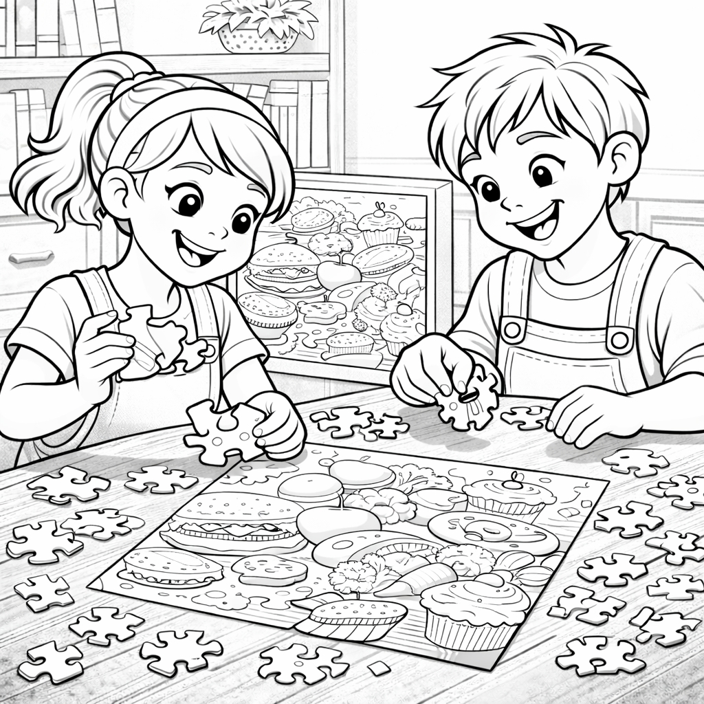 disegno di Coppia che fa Puzzle di Alimenti  da colorare