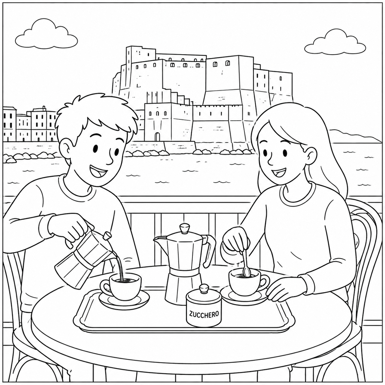 disegno di Coppia Beve Caffè A Napoli da colorare