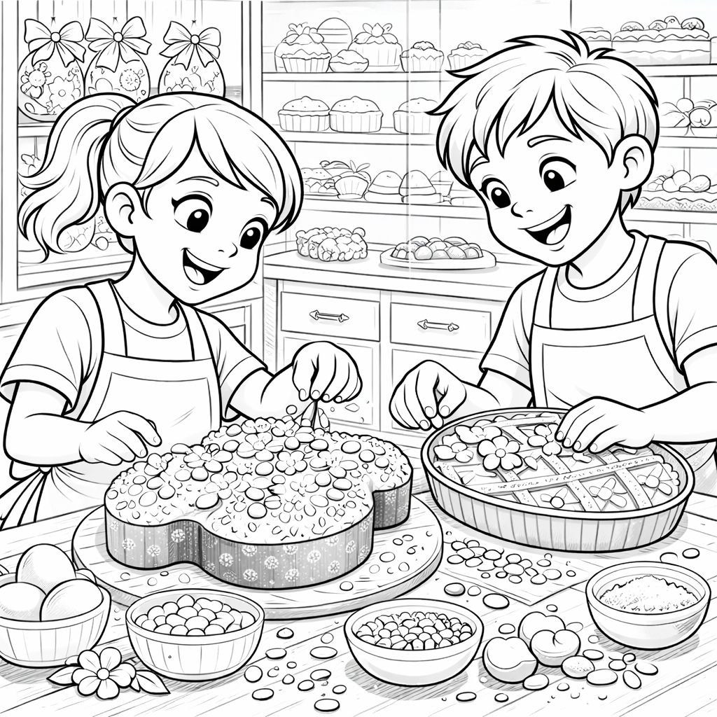 disegno di Bambini Decorano Dolci Pasquali da colorare