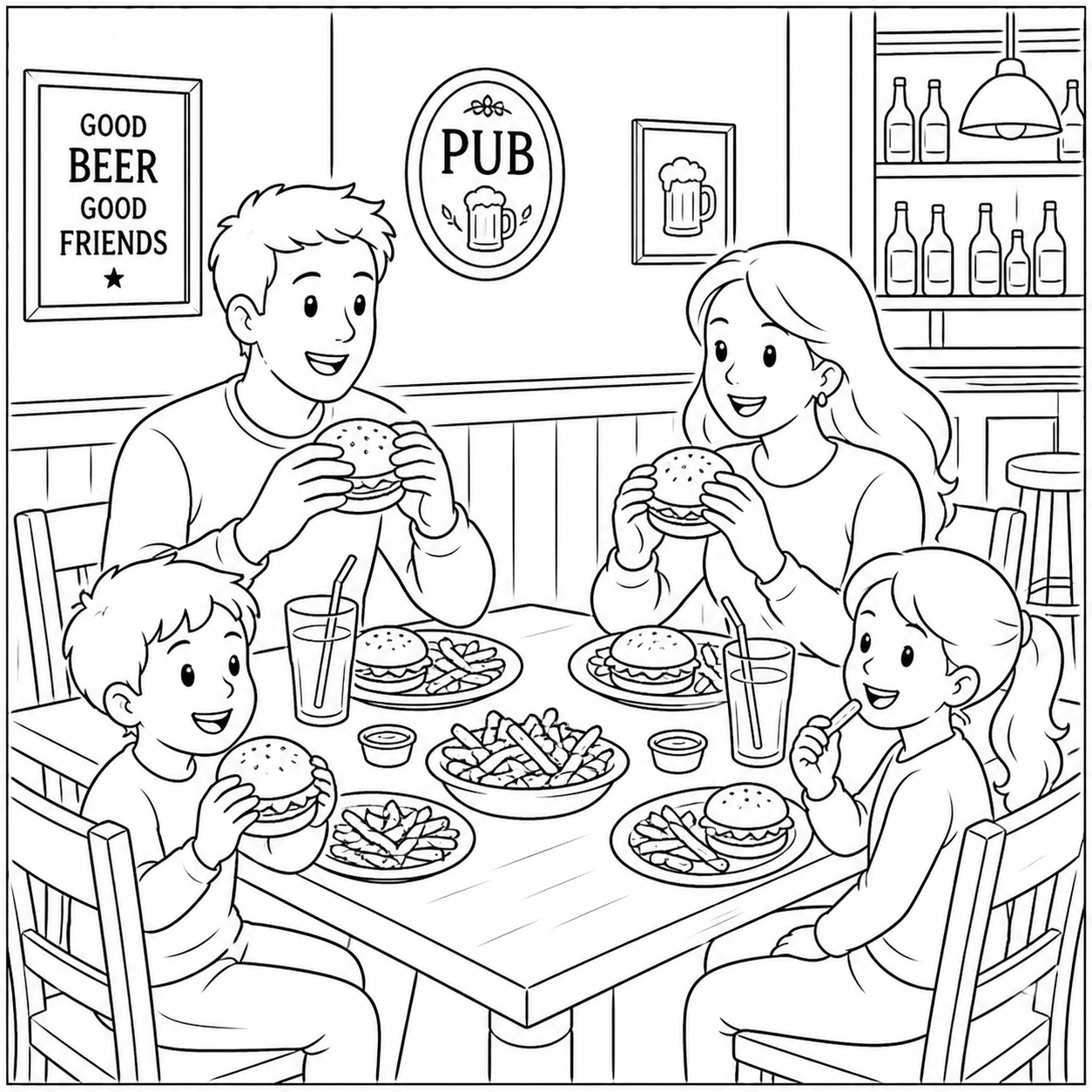 disegno di Famiglia al Pub che Mangia da colorare